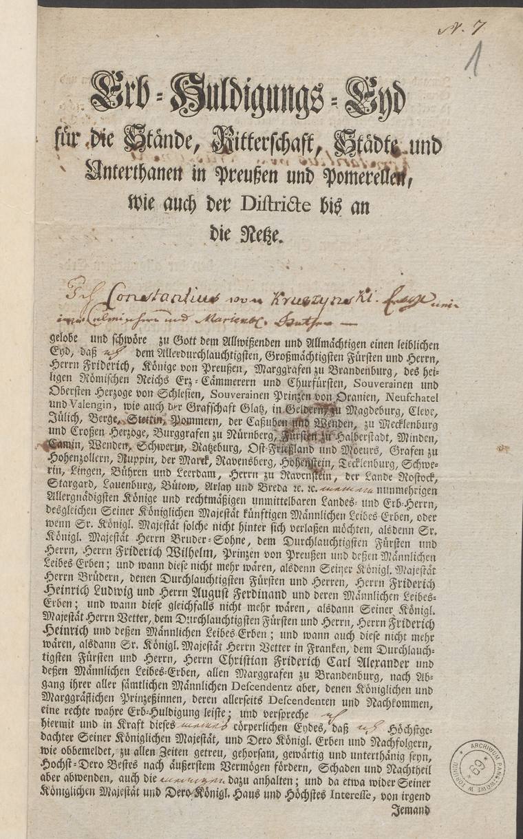 Drukowany formularz przysięgi hołdowniczej z 1772 r.