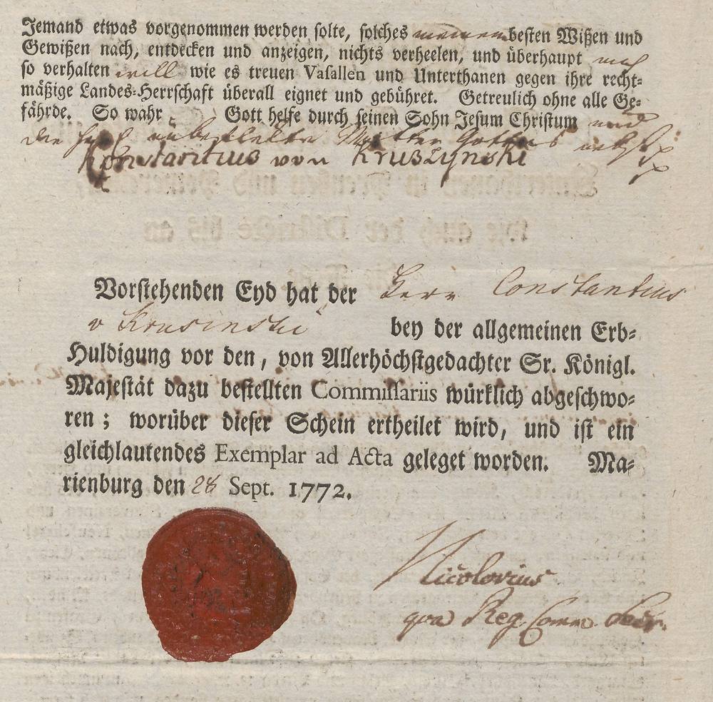 Podpis Kruszyńskiego i pieczęć pod przysięgą, 1772