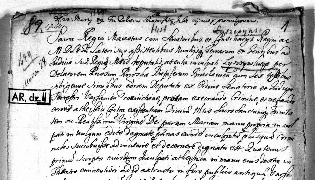 Kopia dekretu sejmowego z 1689 r. przeciw Łyszczyńskiemu, skan czarno-biały