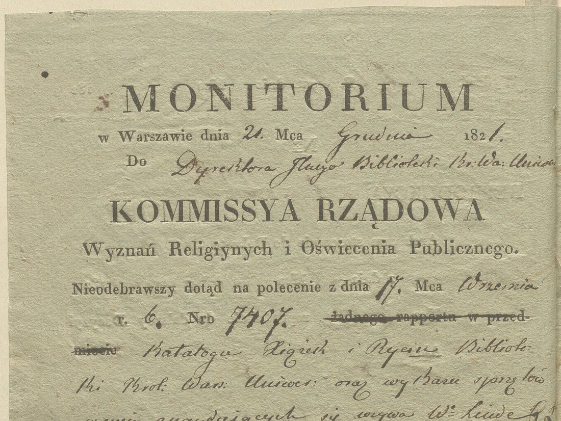 Drukowany formularz Monitorium Komisji Rządowej z 1821 r. wypełniony ręcznie