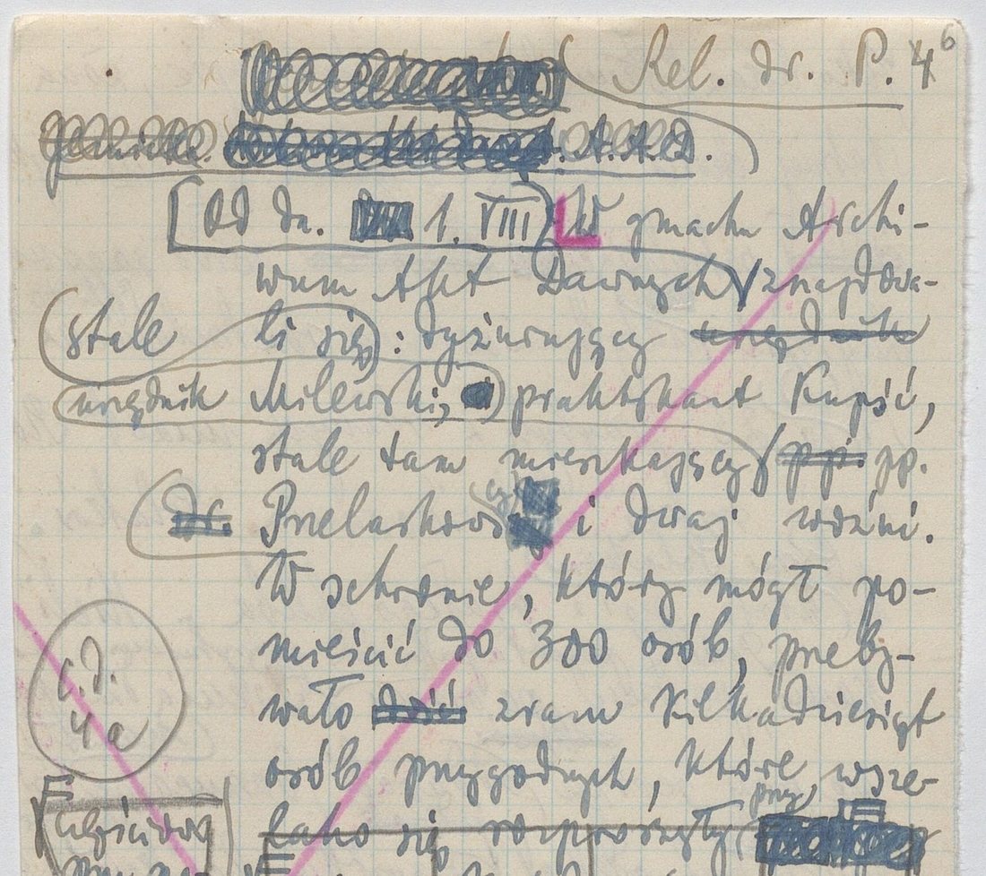 Strona relacji z 1944 r. pisana ołówkiem, ze skreśleniami kolorową kredką