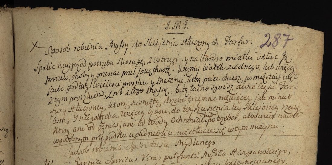 Nagłówek przepisu Sposób robienia Massy do Sklejenia stłuczonych Farfur, rękopis z 1752 r.