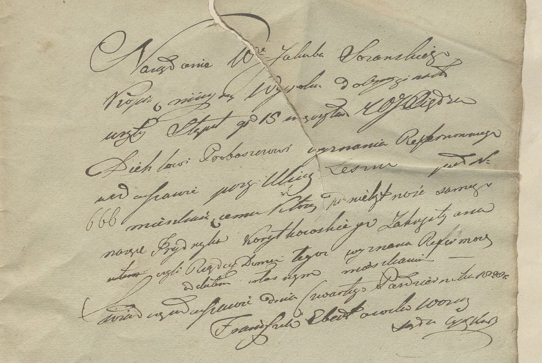 Fragment zaświadczenia woźnego z 1823 r., kursywa trudna do odczytania